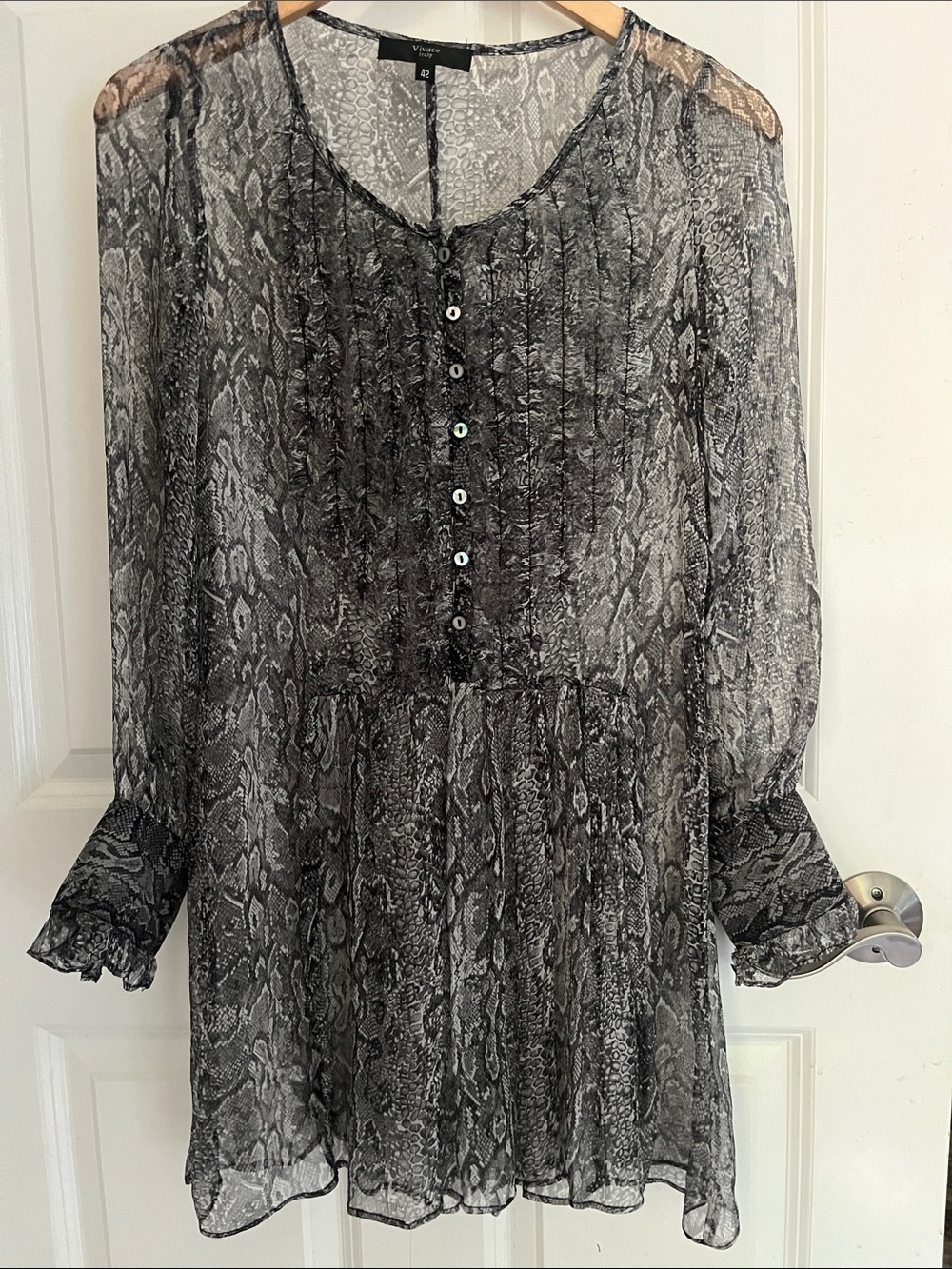 Vivace Italy Silk tunic Sheer animalPrint Long Sleeve Tiered mini Dress
